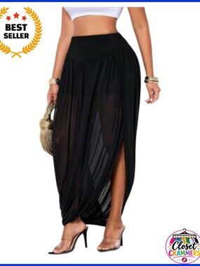 Women's High Slit Mesh Maxi Skirt High Waisted Ruched Long Party Skirt